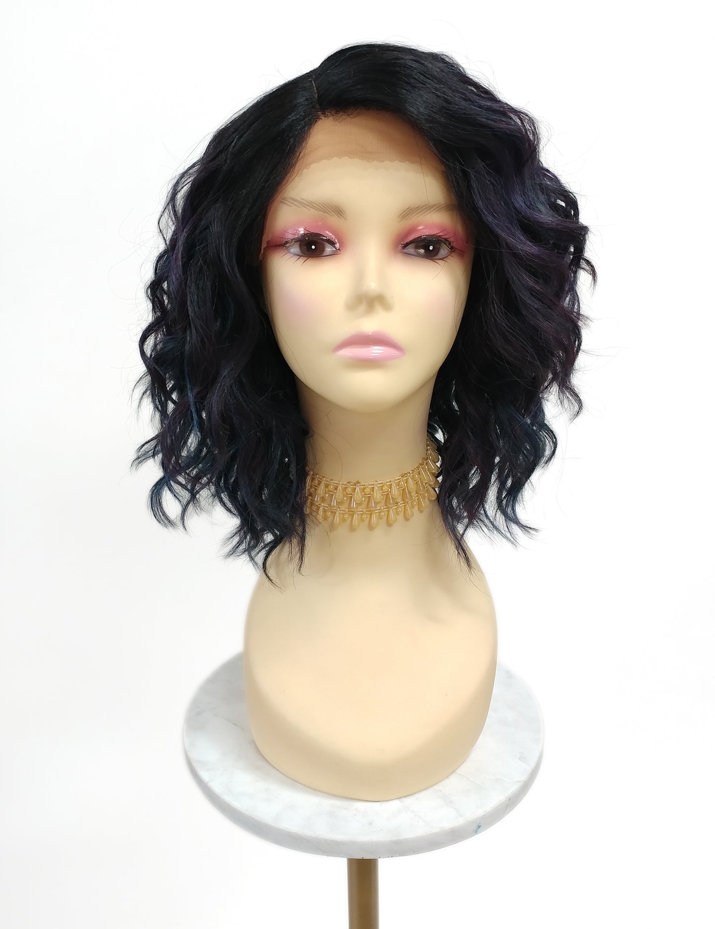 Blue Purple Toned Oil Slick Streaks with Dark Roots Wavy Lace Front Heat Resistant Wig [Fiona-TT1B/Oil]