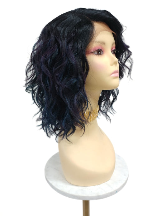 Blue Purple Toned Oil Slick Streaks with Dark Roots Wavy Lace Front Heat Resistant Wig [Fiona-TT1B/Oil]